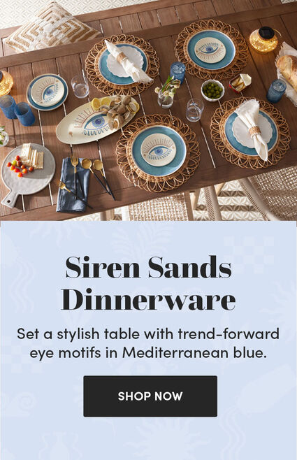 Siren Sands Dinnerware | Set a stylish table with trend-forward eye motifs in Mediterranean blue. | Shop Now
