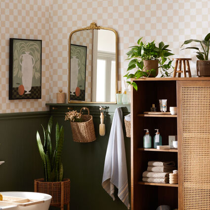 Bathroom with dark painted lower walls and beige or neutral check wallpaper