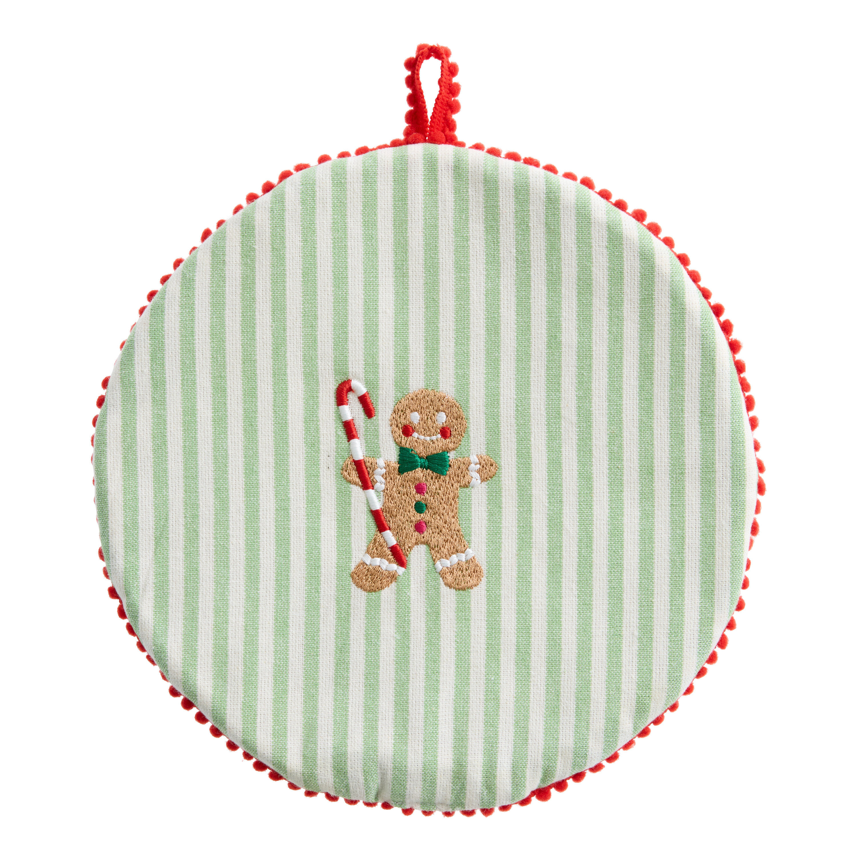 Round Green Gingerbread Stripe Embroidered Potholder image number 0