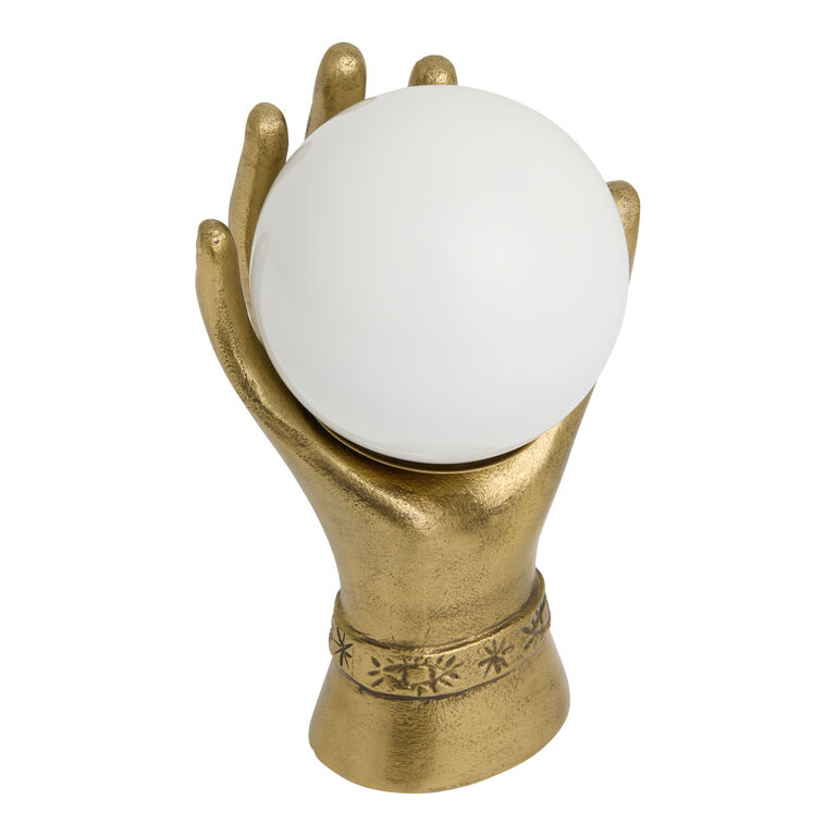 Brass and Milk Glass Globe Mystic Hand Shaped LED Table Lamp image number 1