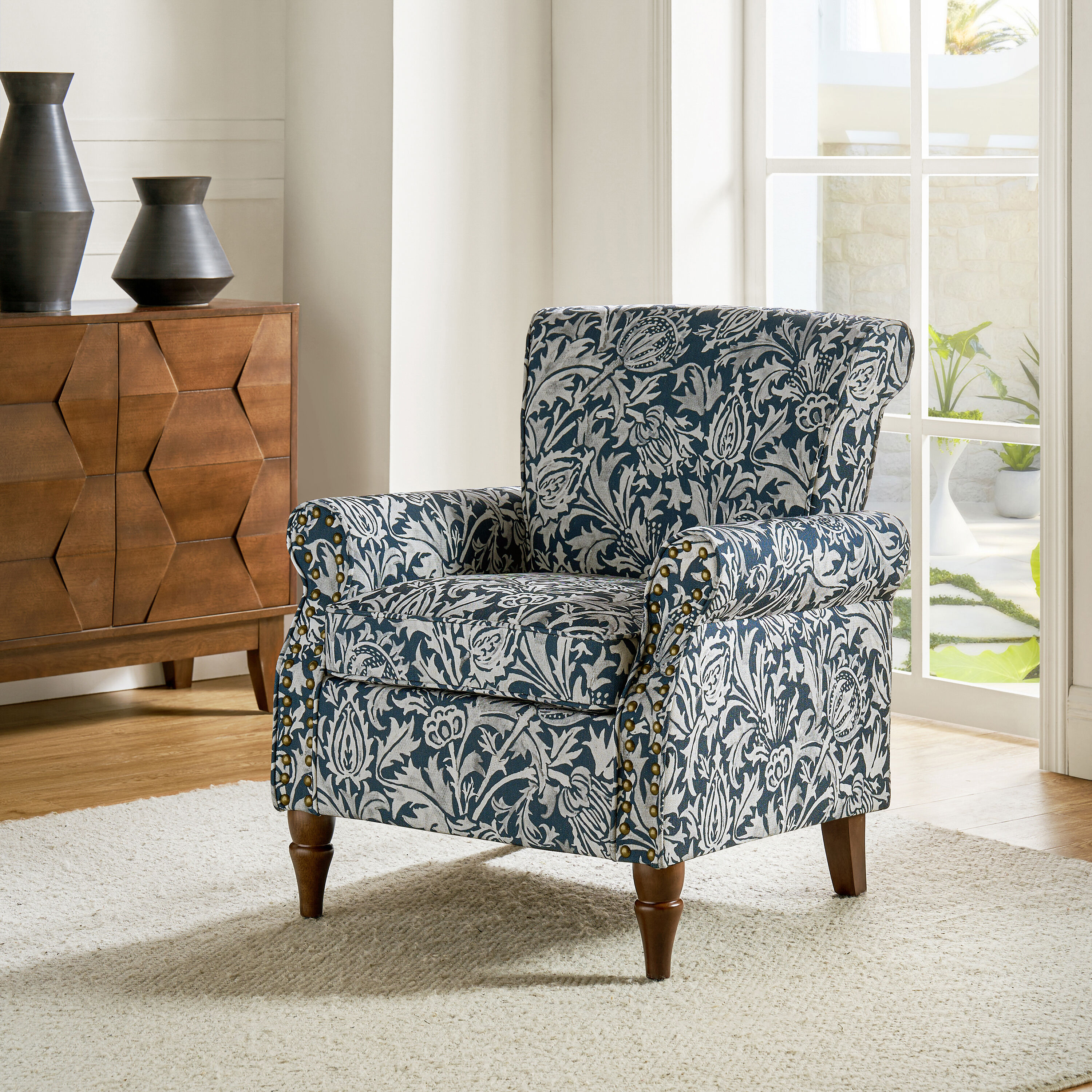 Connaught Navy Blue and White Floral Upholstered Chair World Market