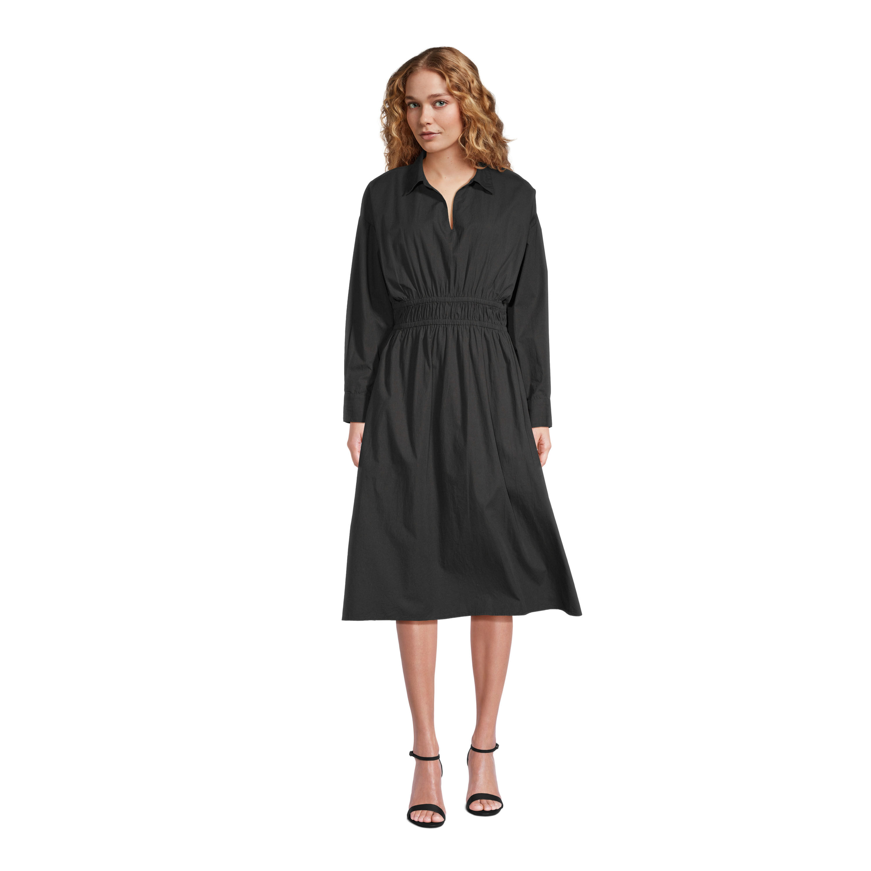Eva Black Ruched Shirt Dress with Pockets image number 0