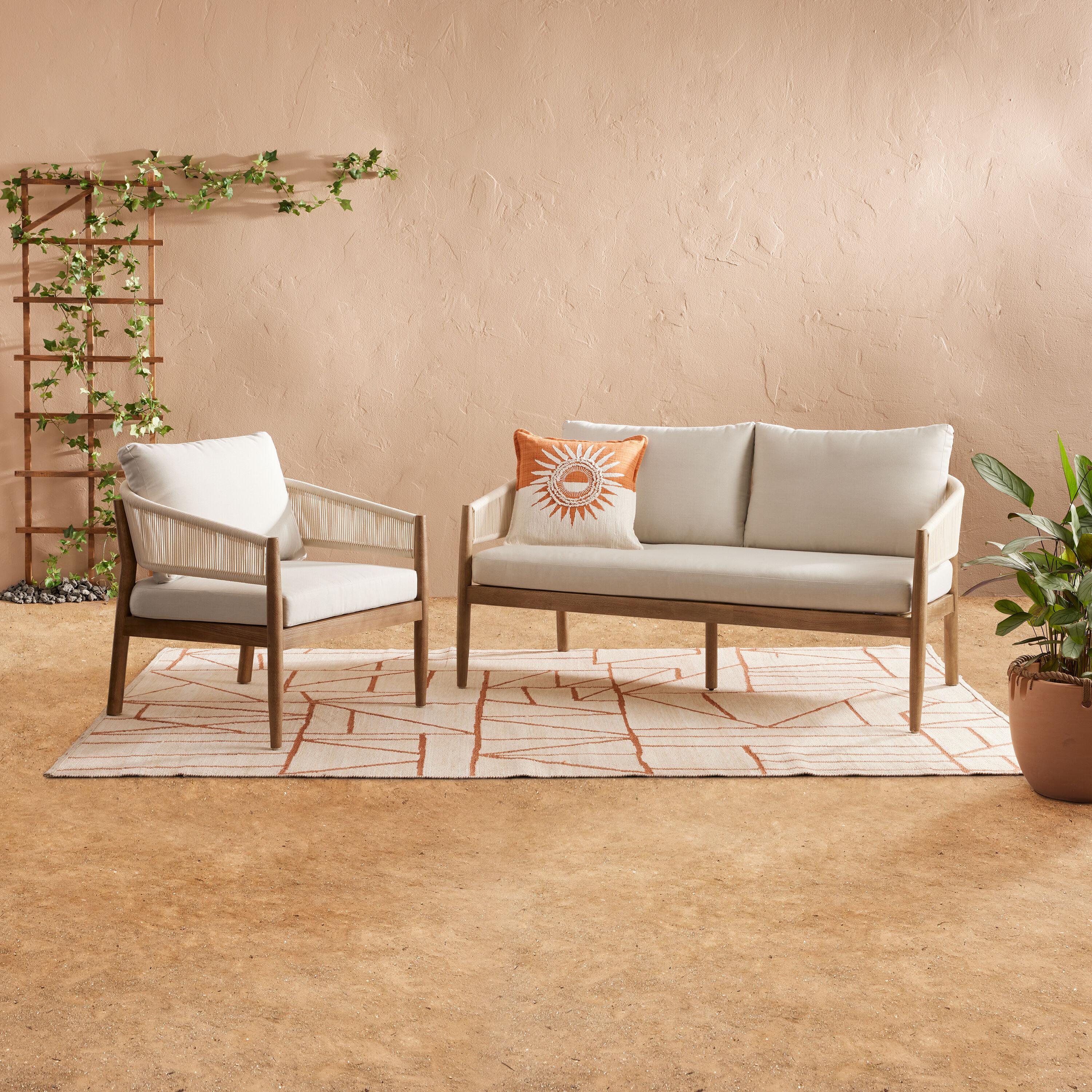 White Cabrillo Acacia Wood and Rope 2 Piece Outdoor Furniture Set