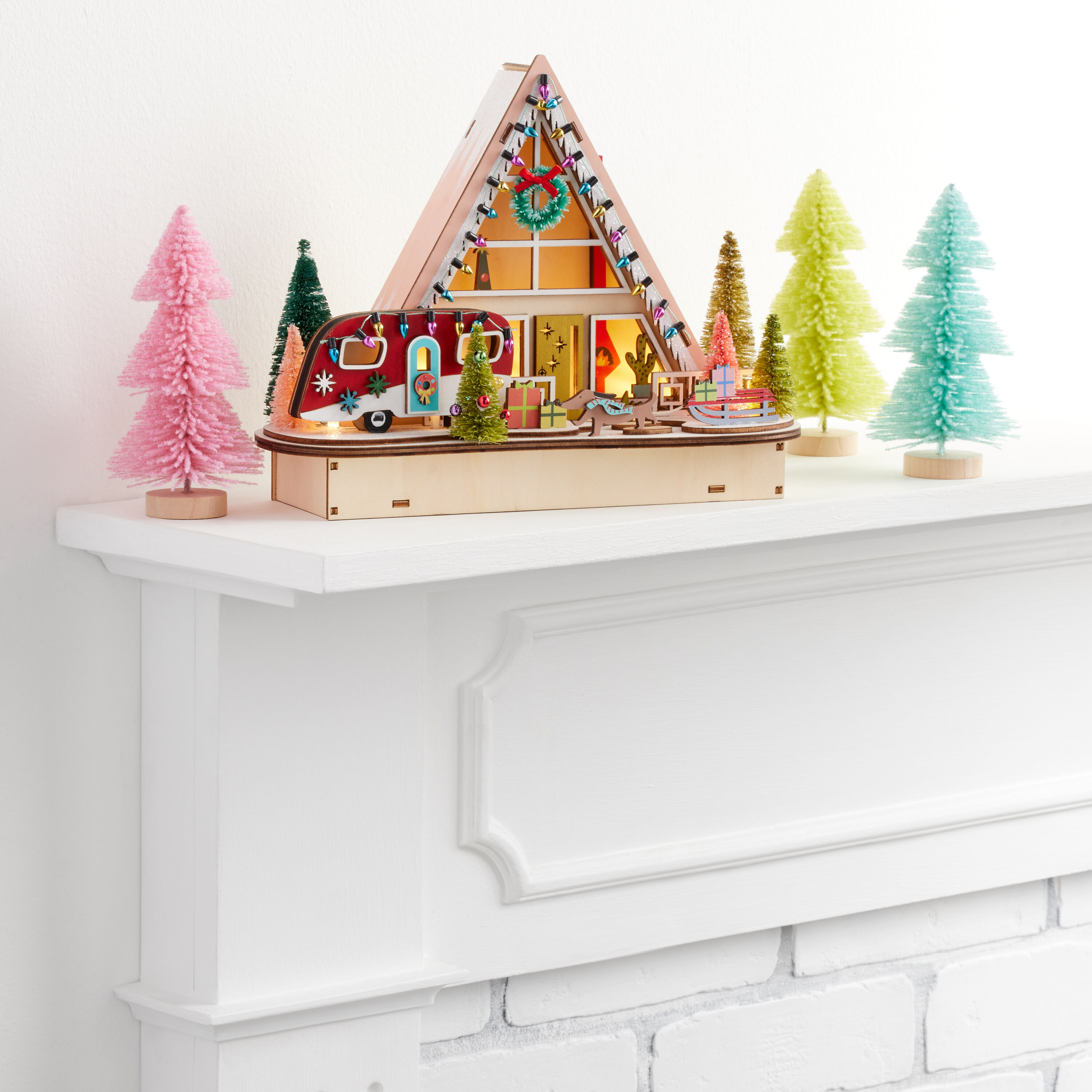 Wood mid century house top led light up decor