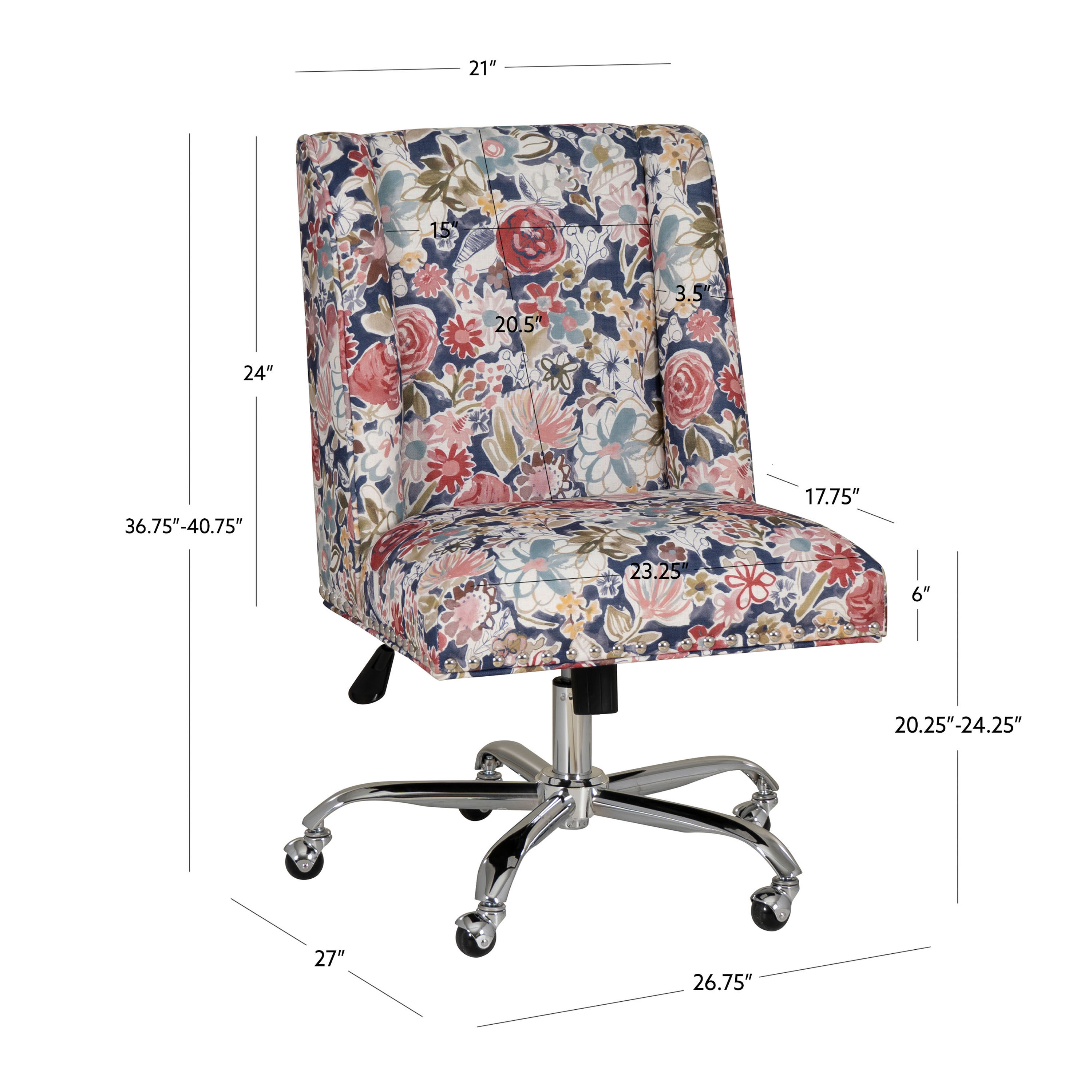 Natalie Navy and Pink Floral Upholstered Office Chair image number 6