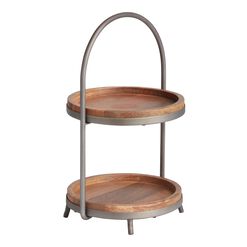 Round Mango Wood and Metal 2 Tier Serving Stand