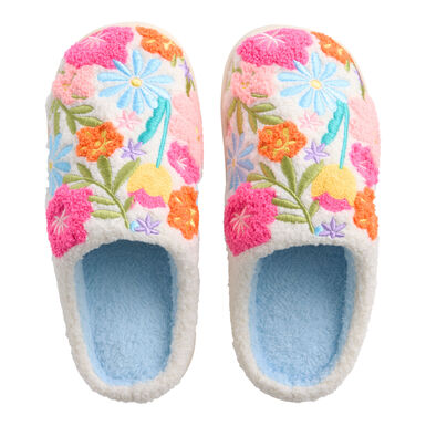 Blue and Red Fuzzy Plush Floral Embroidered Slippers Blue and Red Fuzzy Plush Floral Embroidered Slippers