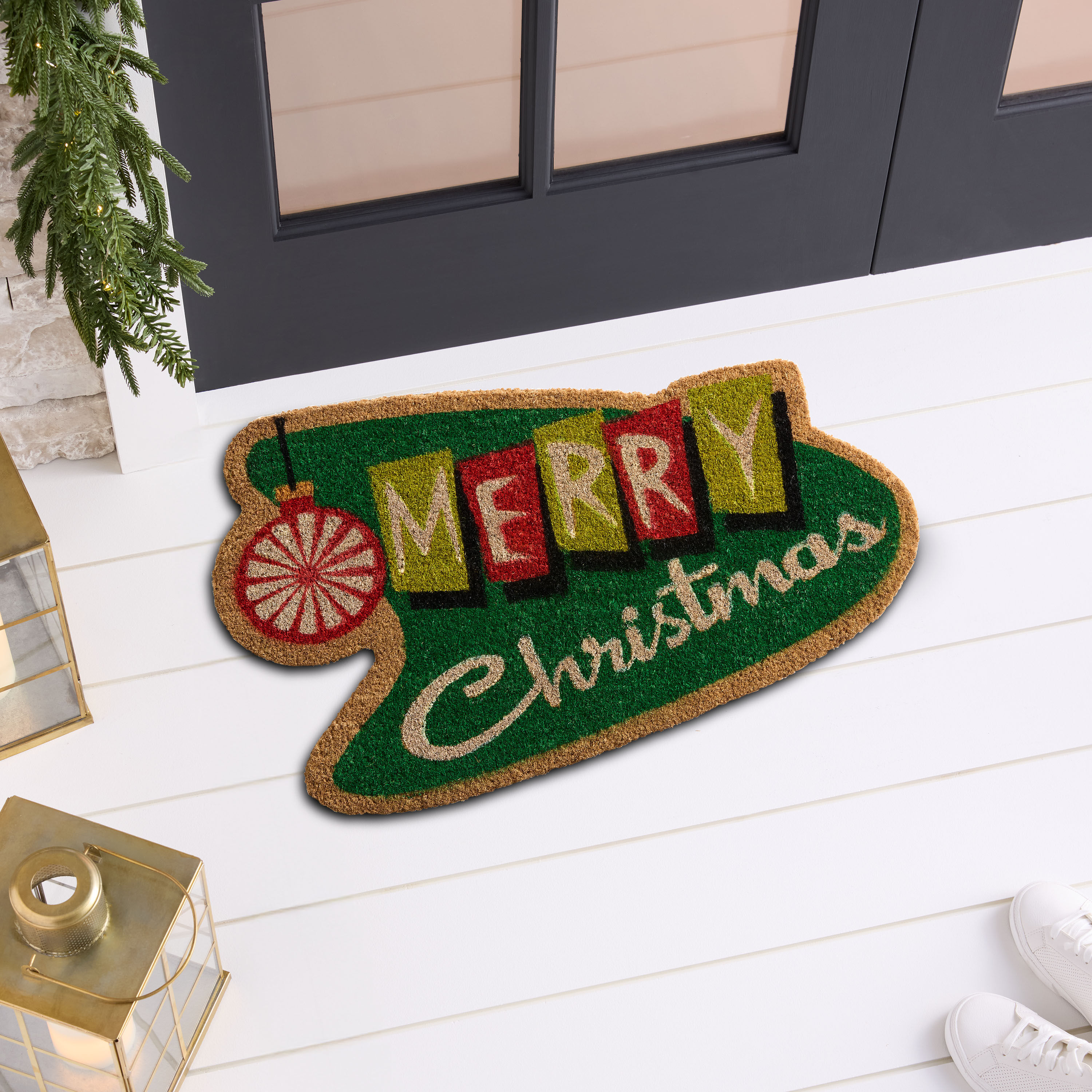 Merry Christmas Vintage Style Shaped Holiday Coir Doormat image number 1