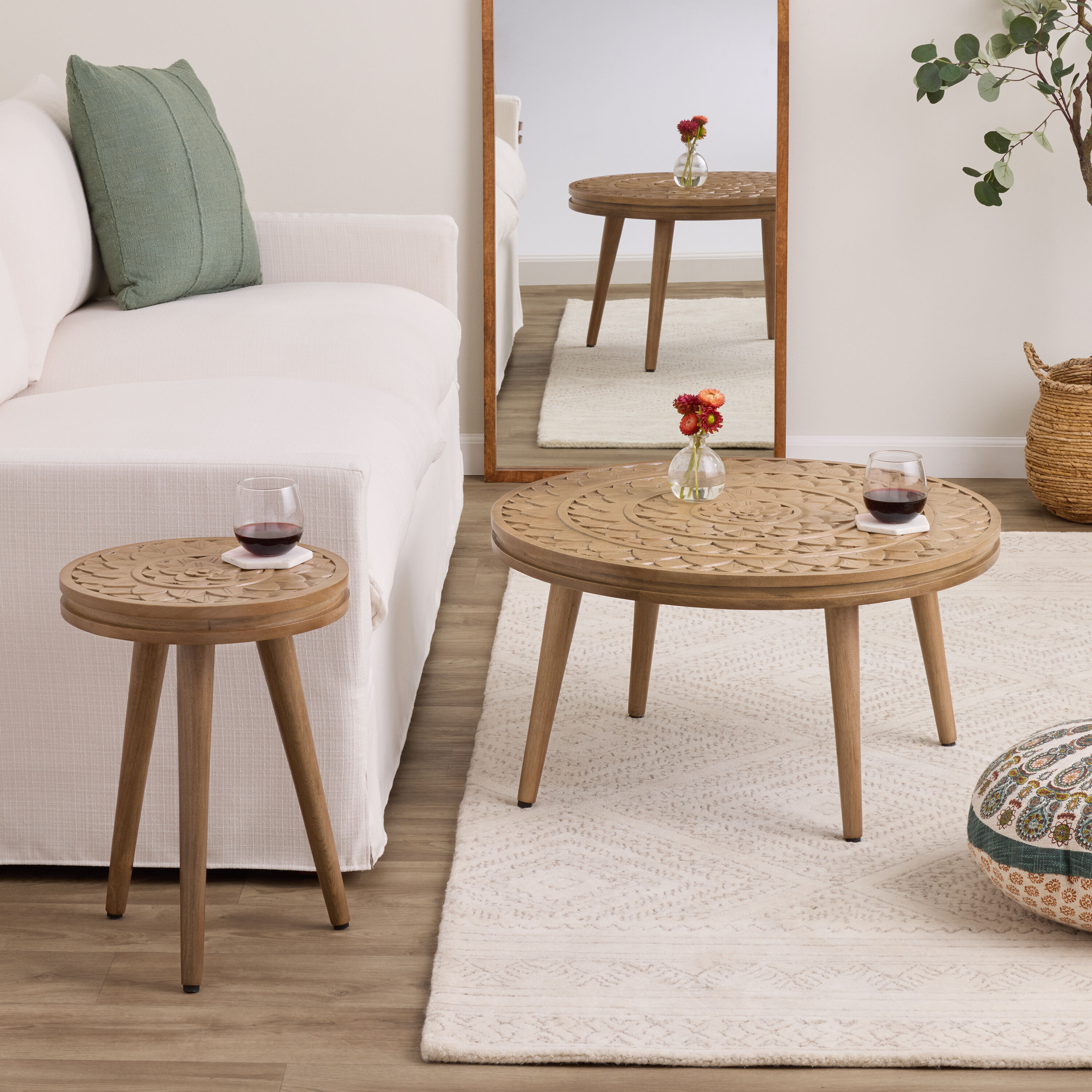 Tasilli Round Brown Carved Wood Medallion End Table image number 1