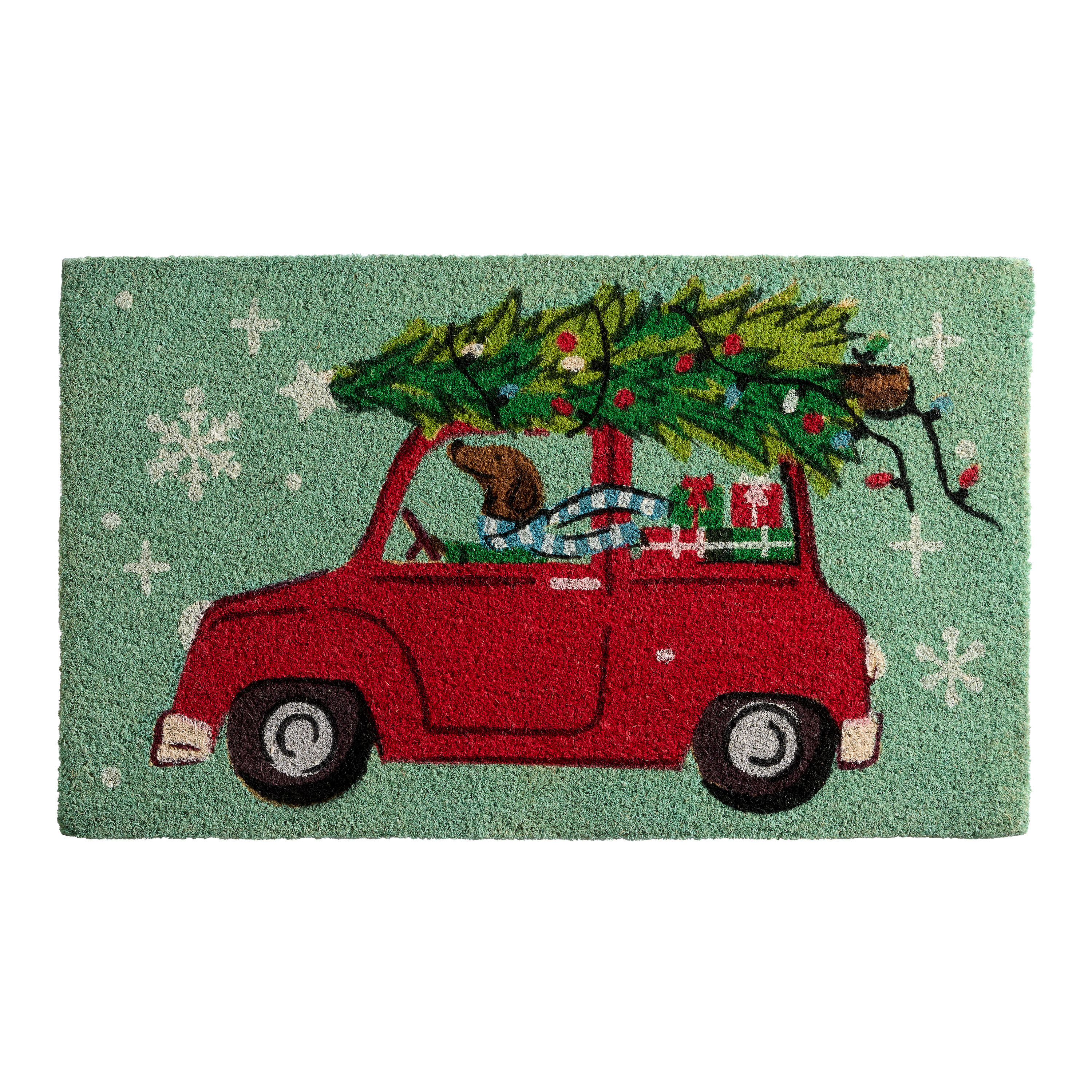 Dog Driving Red Car with Holiday Tree Coir Doormat image number 0