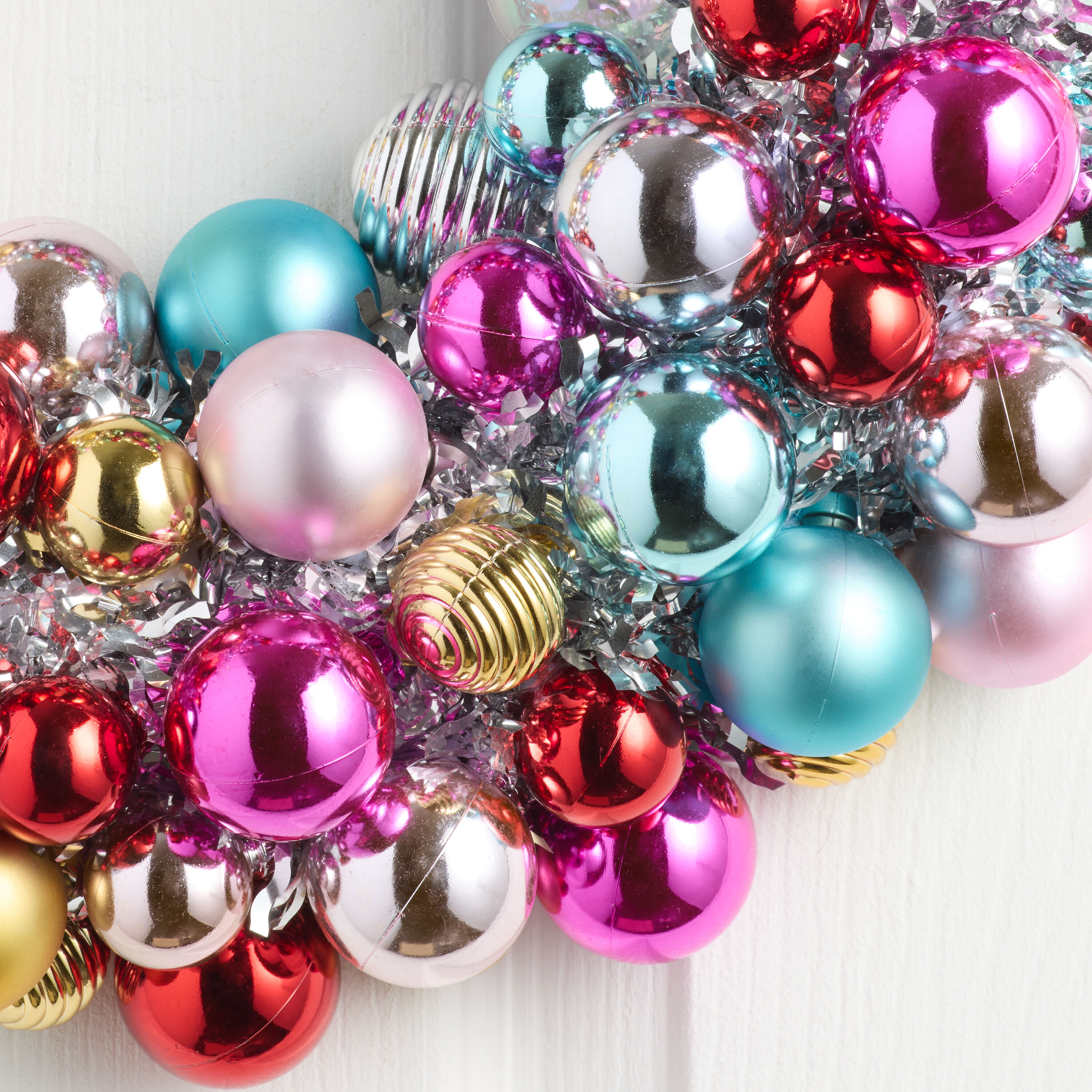 Rainbow Ornaments with Silver Tinsel Wreath