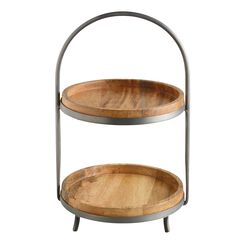 Round Mango Wood and Metal 2 Tier Serving Stand