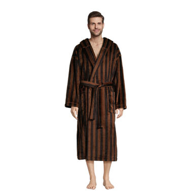 Black and Brown Fleece Stripe Men's Robe with Hood Black and Brown Fleece Stripe Men's Robe with Hood