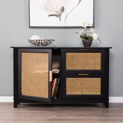 Ashlar Black Wood And Faux Cane Storage Cabinet With Drawers