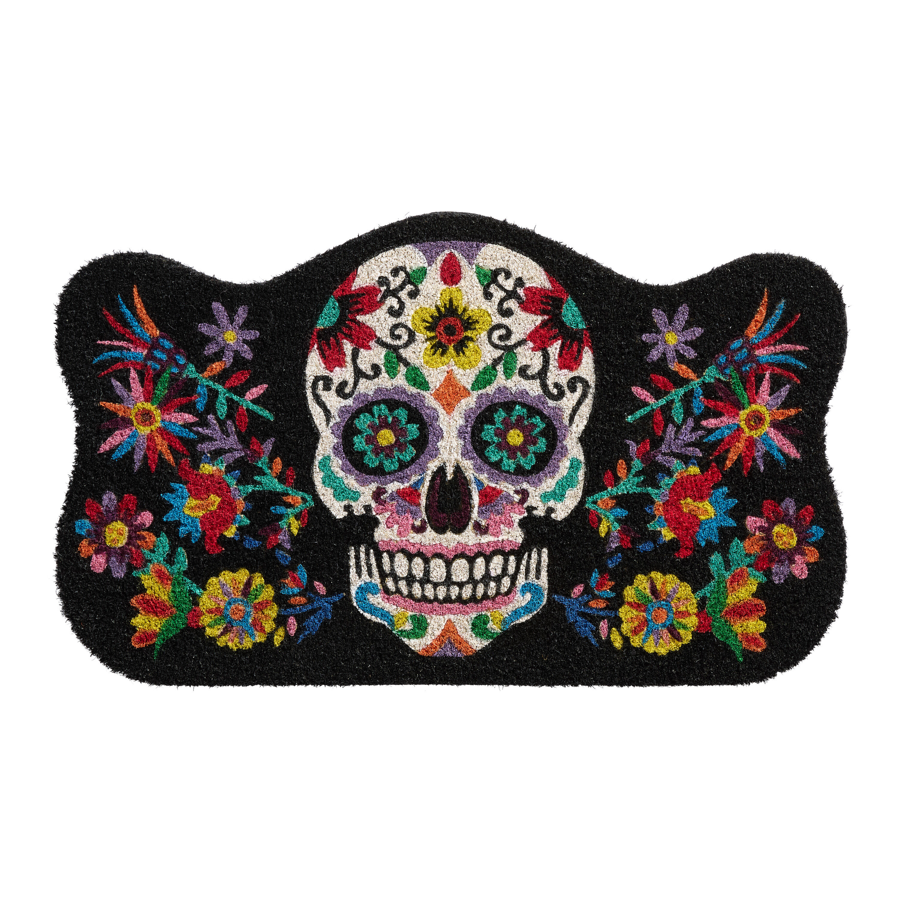 White Multicolor Floral Sugar Skull Coir Doormat image number 0