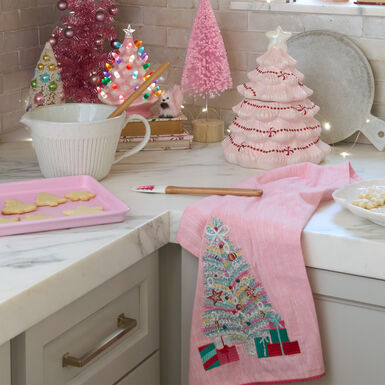 Pink Tinsel Christmas Tree Embroidered Kitchen Towel Pink Tinsel Christmas Tree Embroidered Kitchen Towel