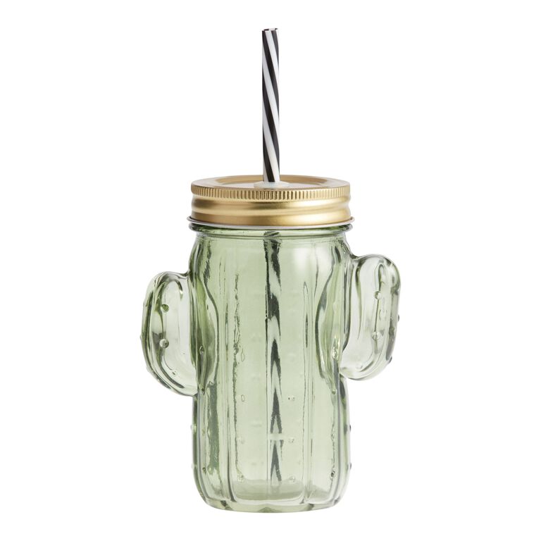 1pc Creative Cactus Shaped Glass Cup With Lid And Straw For Cold Drink,  Juice