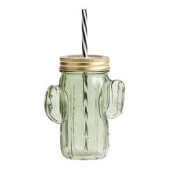 Green Glass Cactus Figural Drink Tumbler With Straw