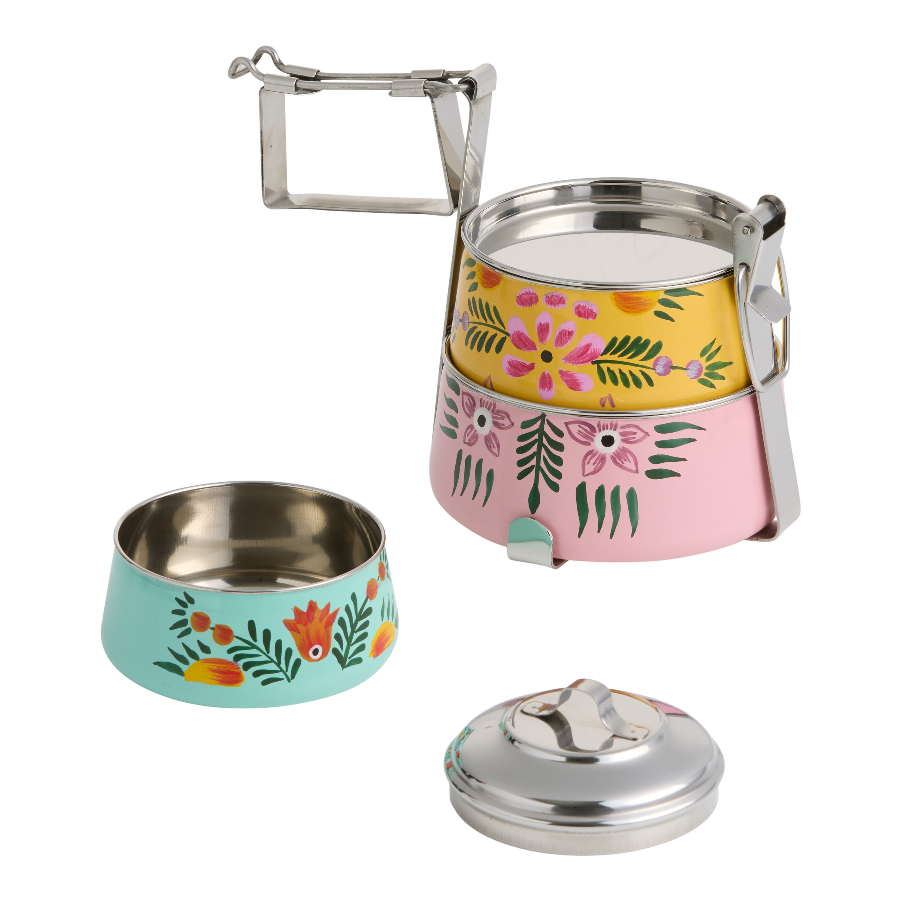 Hand Painted Stainless Steel Floral 3 Tier Tiffin Lunch Box image number 1