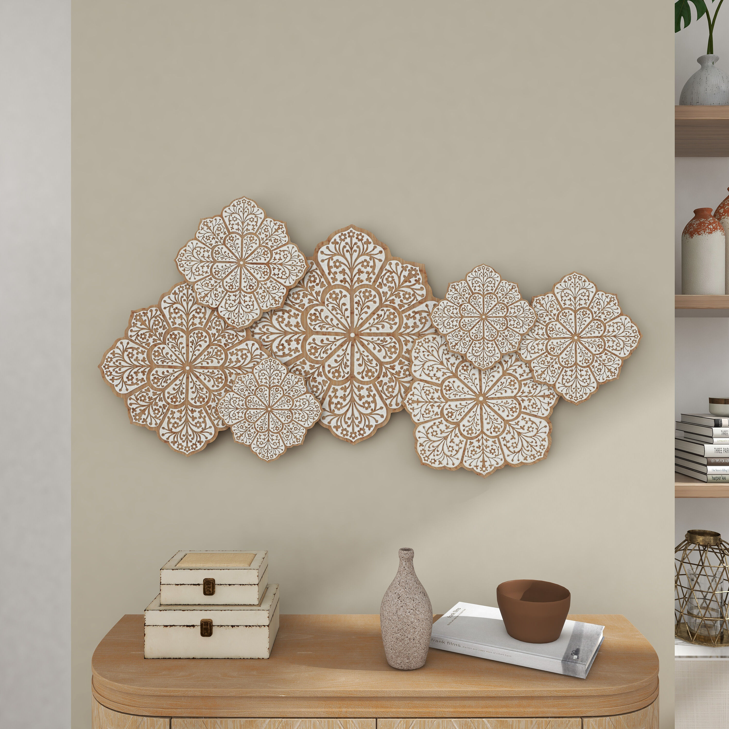 Whitewash Wood Abstract Floral Wall Decor image number 1
