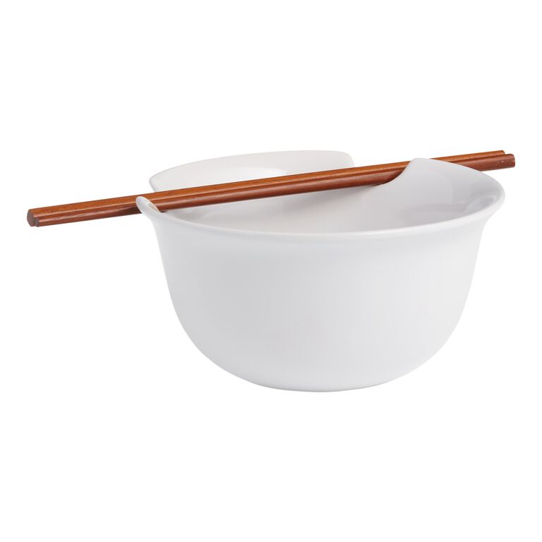 White Ceramic Noodle Bowl and Bamboo Chopsticks Set image number 1