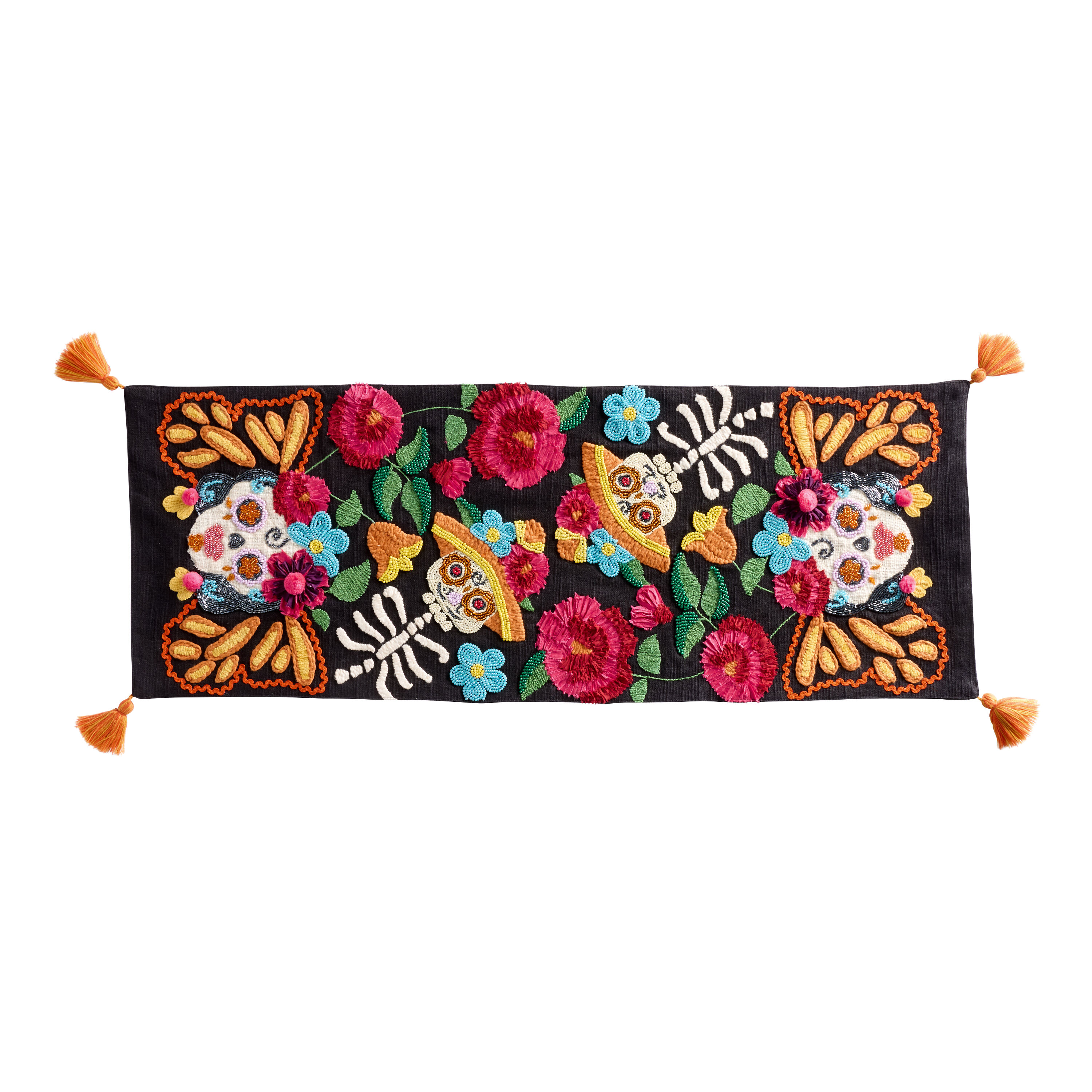 Black Multicolor Sugar Skull Embroidered Beaded Table Runner image number 0