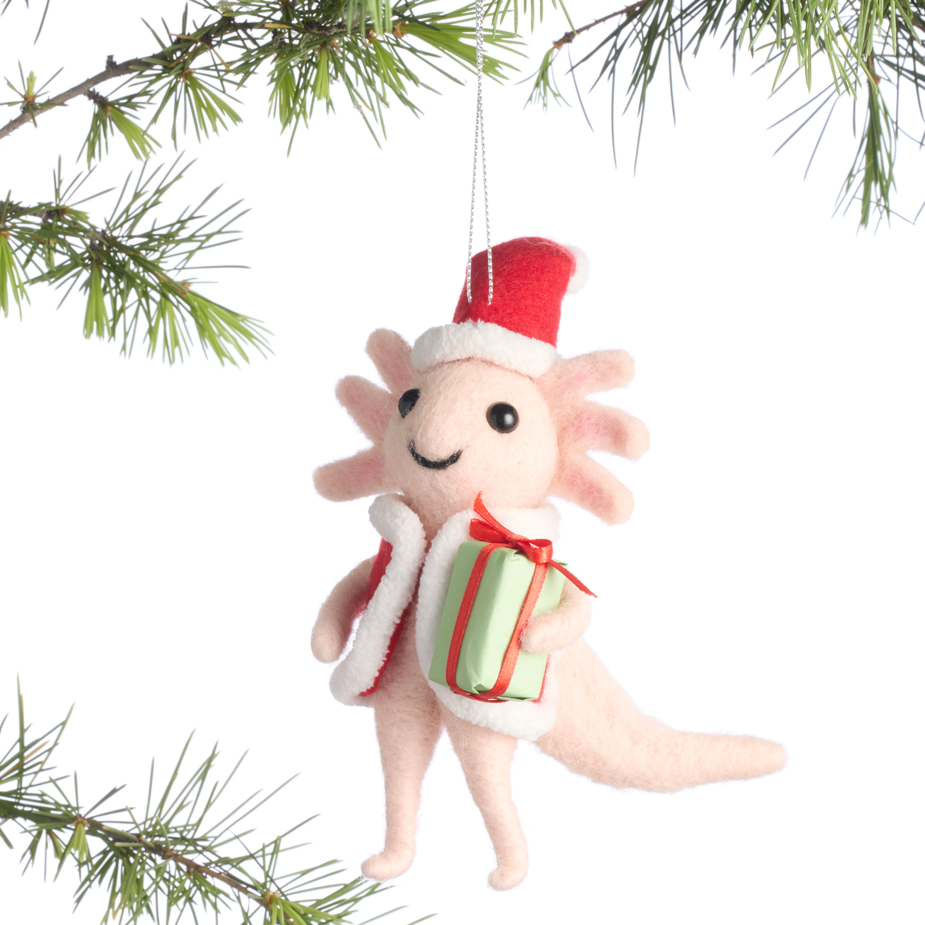 Pink Wool Axolotl with Present Ornament image number 0