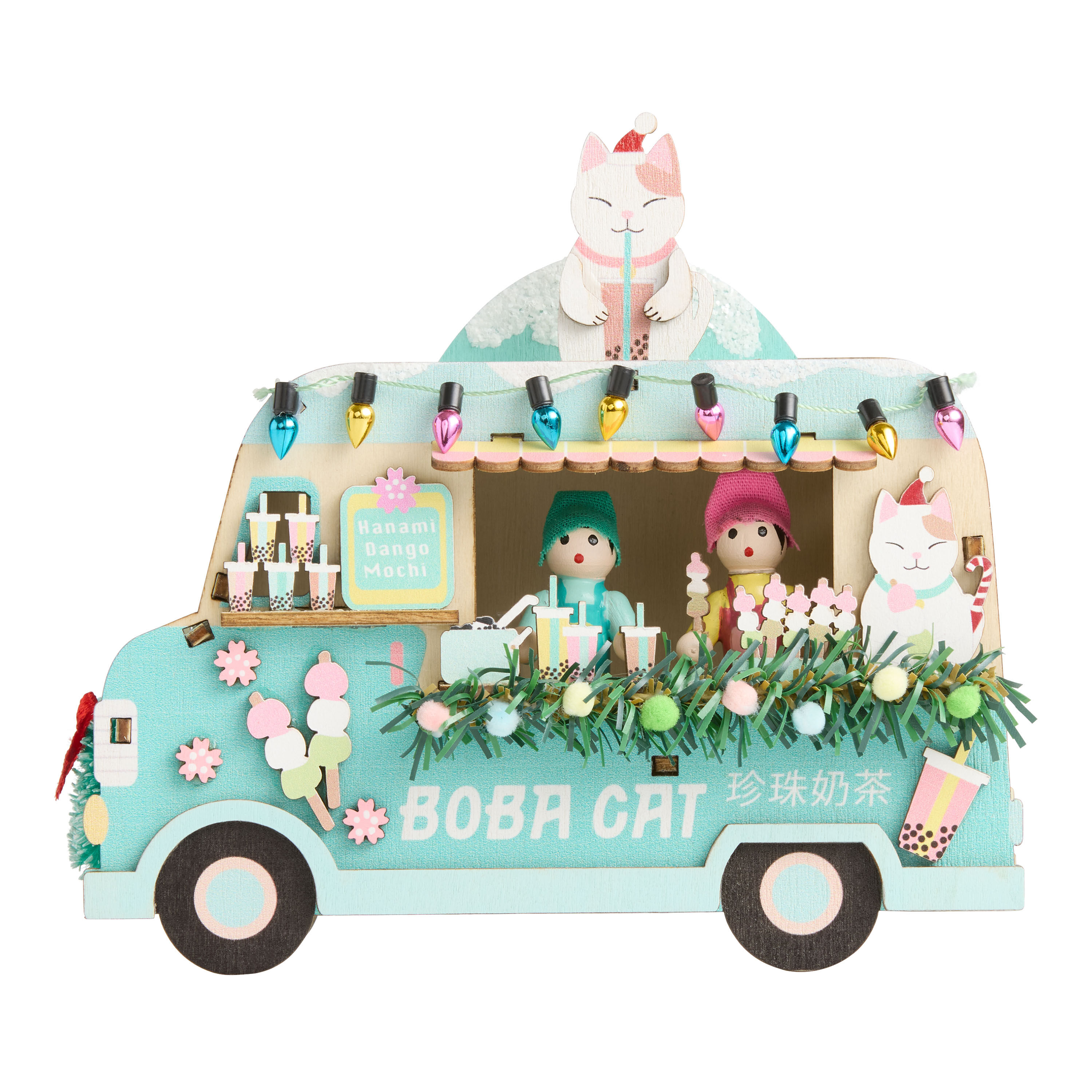 Laser Cut Wood Holiday Boba Cat Truck LED Light Up Decor image number 2