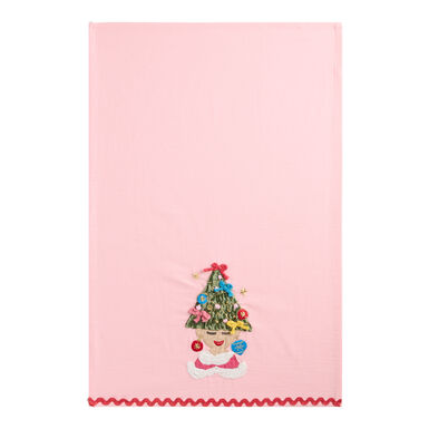 Pink Christmas Tree Hat Lady Embroidered Kitchen Towel Pink Christmas Tree Hat Lady Embroidered Kitchen Towel