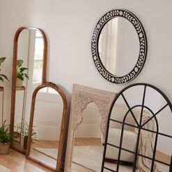 Round Black And White Floral Bone Inlay Wall Mirror