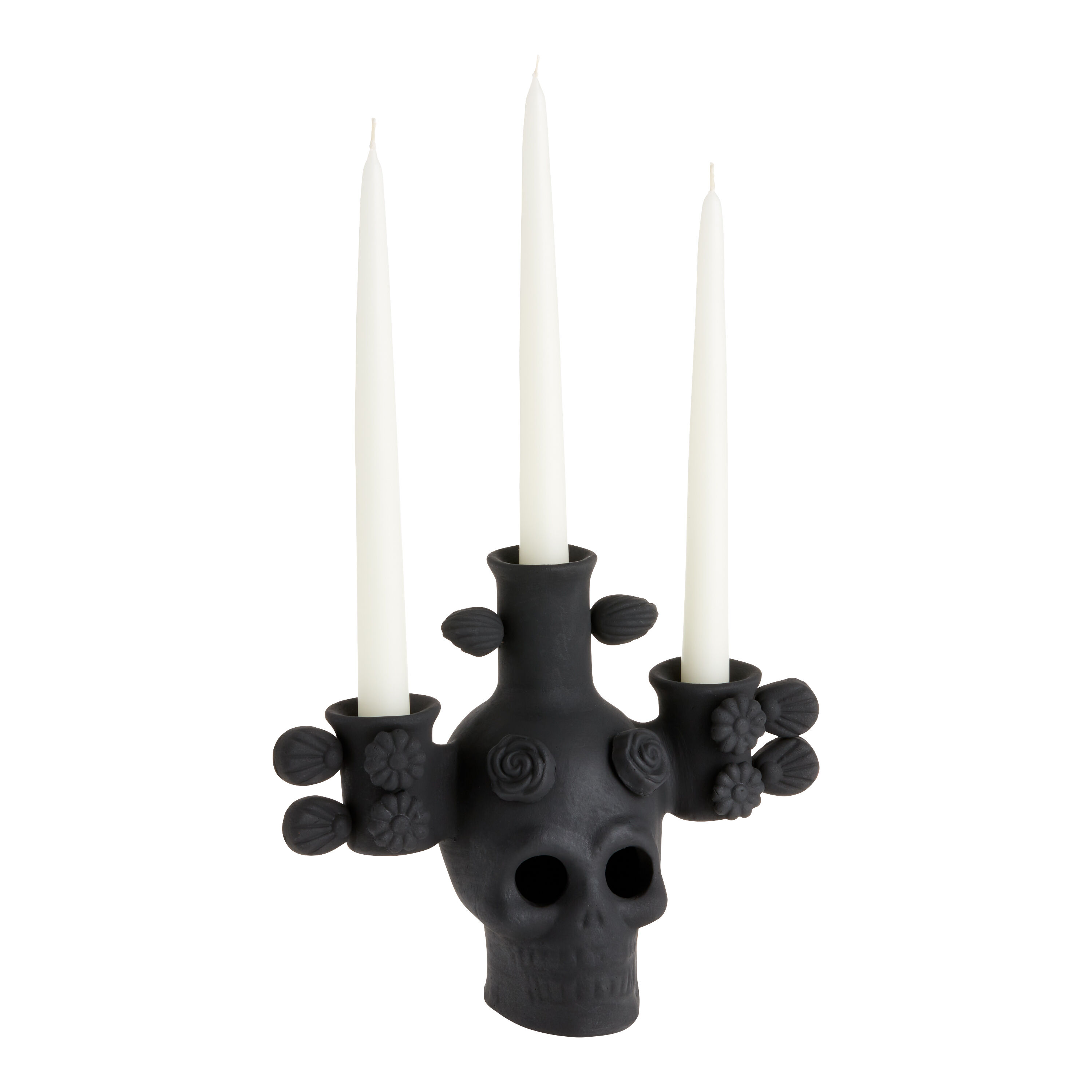 CRAFT Black Terracotta Los Muertos Skull Taper Candle Holder image number 0