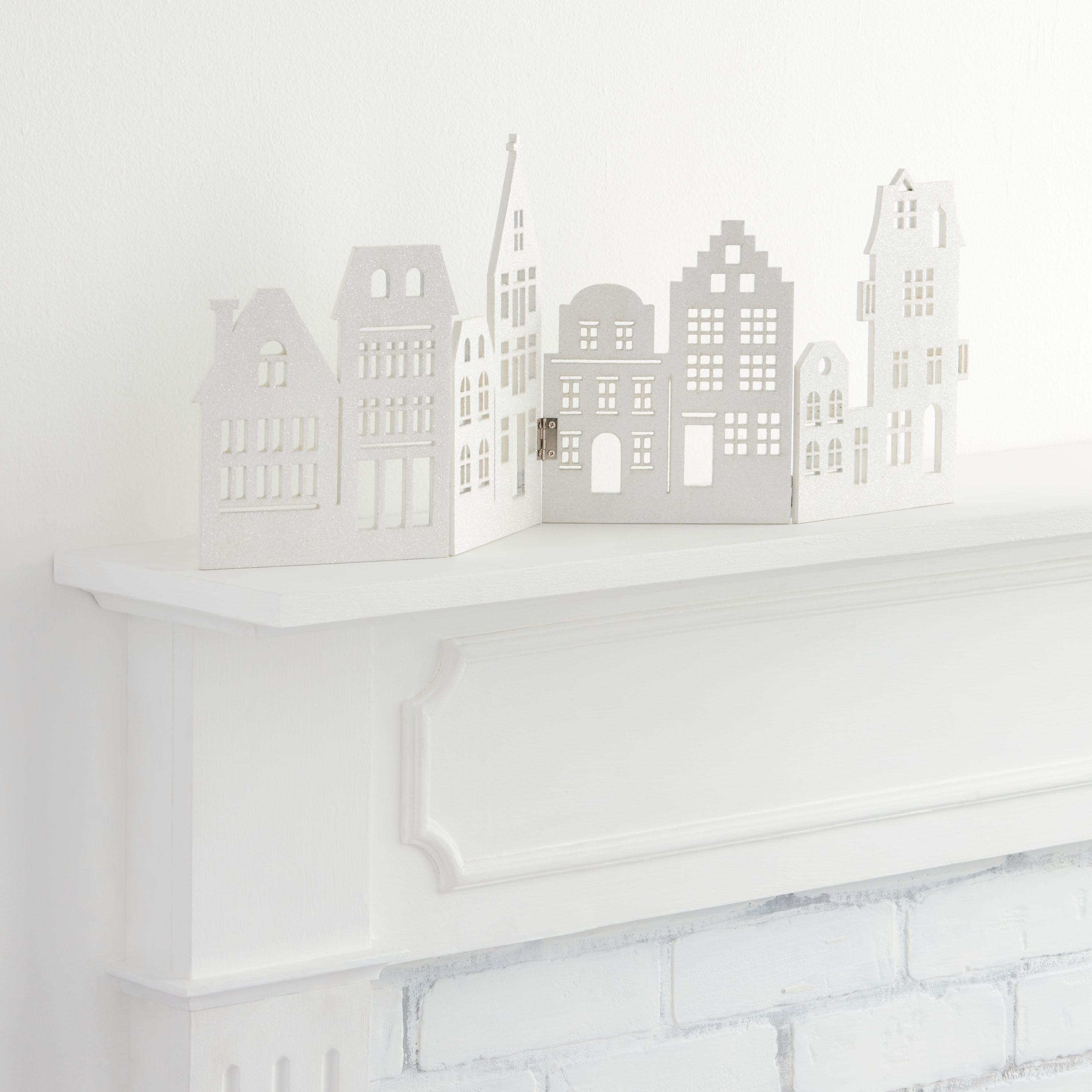 White Laser Cut Wood Panel Canal Houses Tabletop Decor image number 0