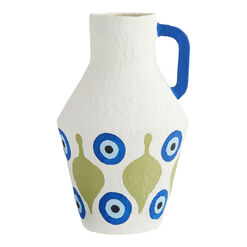 Blue Cotton Mache Evil Eye And Green Leaf Vase