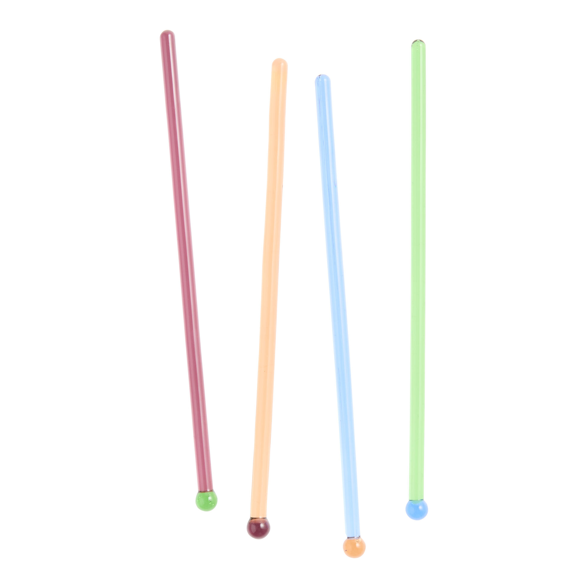 Four colorful drink stirrers