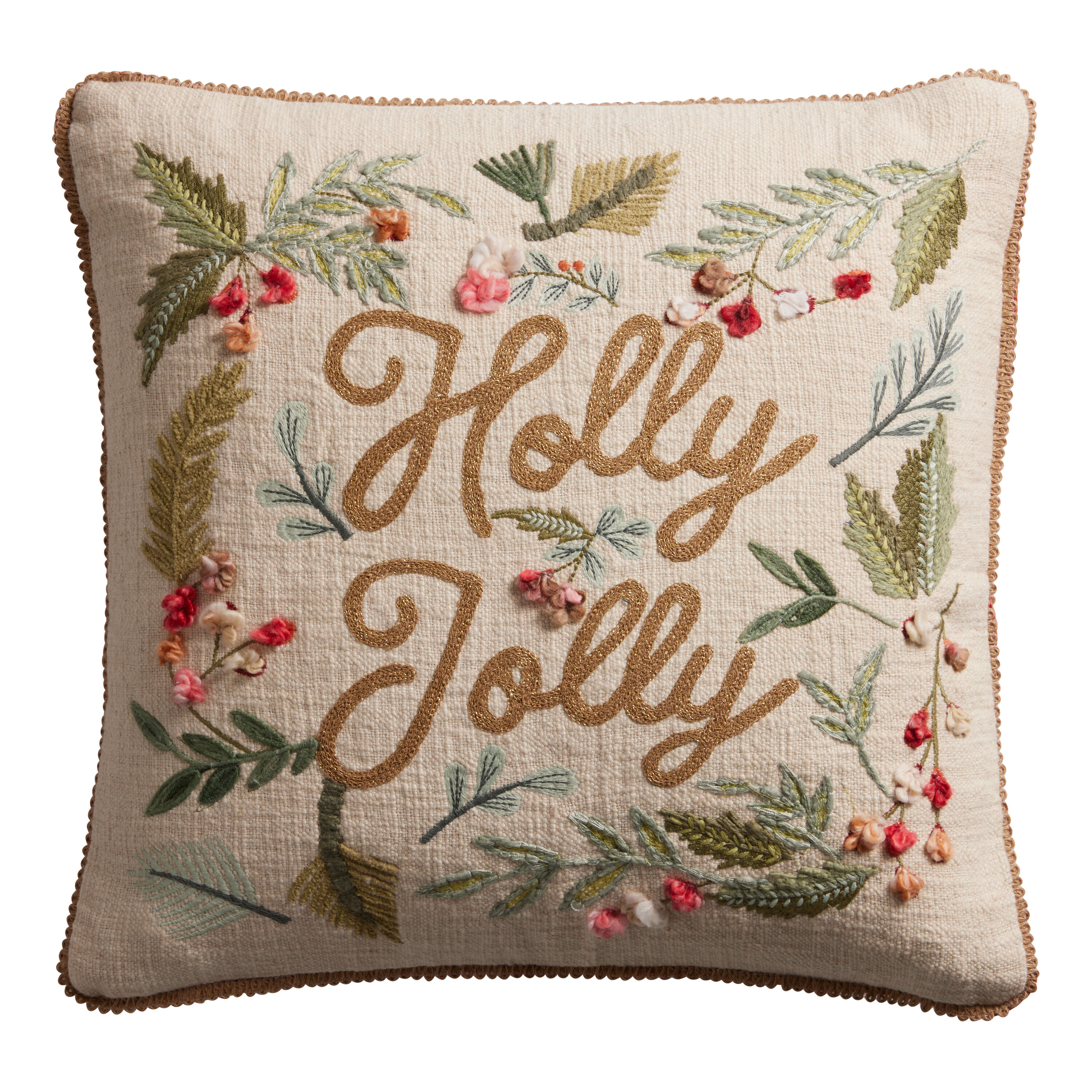 Ivory And Gold Embroidered Holly Jolly Throw Pillow World Market
