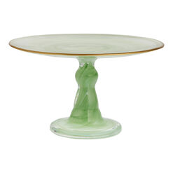 Small Green Glass Cake Stand With Gold Rim