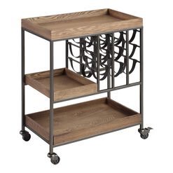 Wood and Faux Leather Strap Bar Cart with Wine Storage