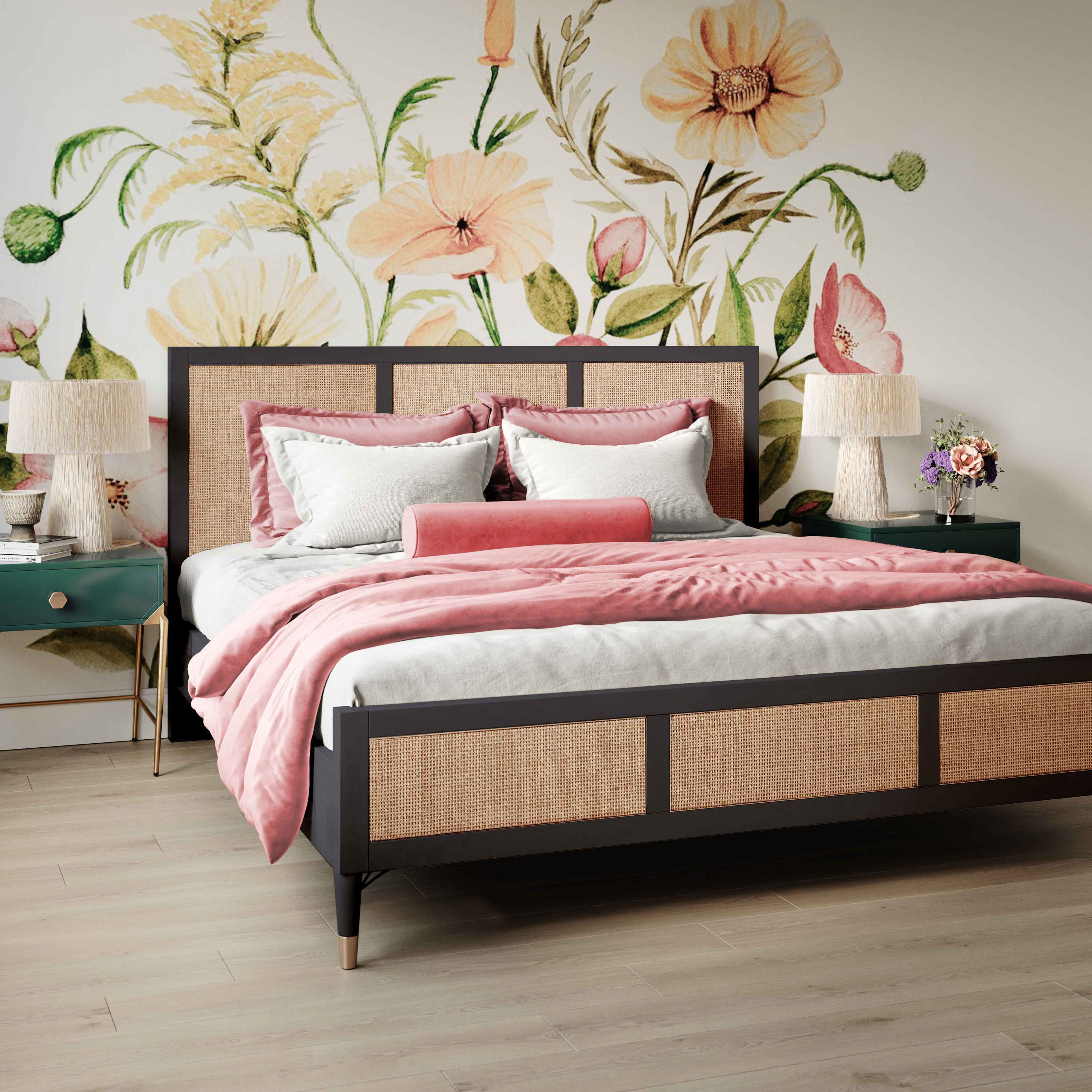 Chrisney Black Wood and Natural Cane Platform Bed World Market