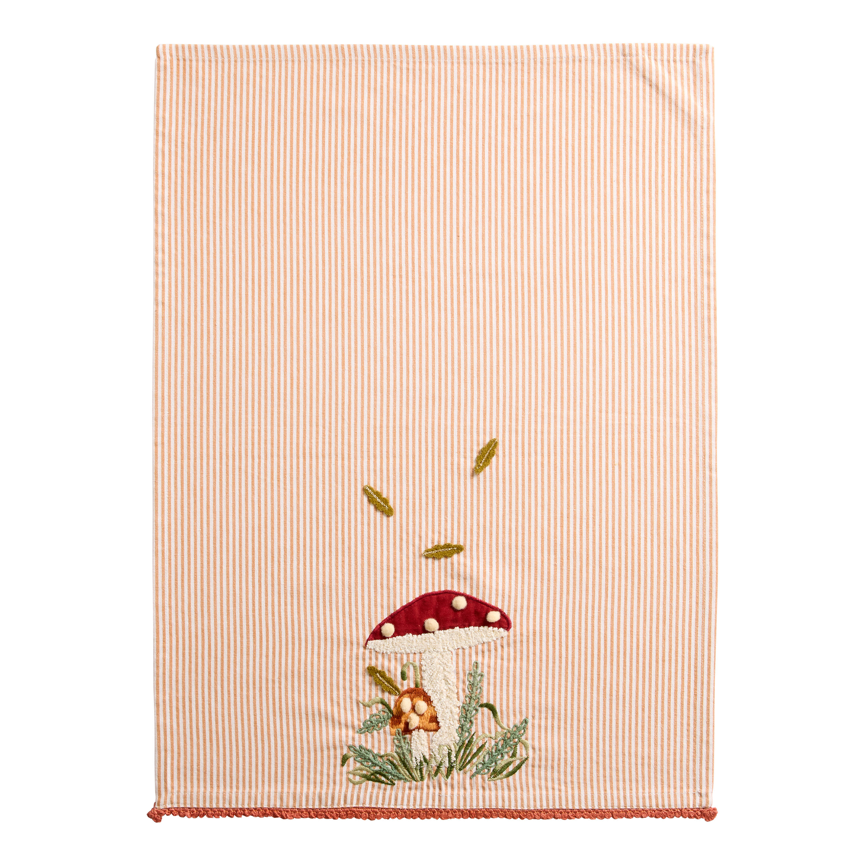 Rust and Green Mushroom Stripe Kitchen Towel image number 1