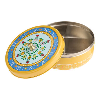 Round Yellow and Blue Steel Floral Medallion Tea Storage Box Round Yellow and Blue Steel Floral Medallion Tea Storage Box