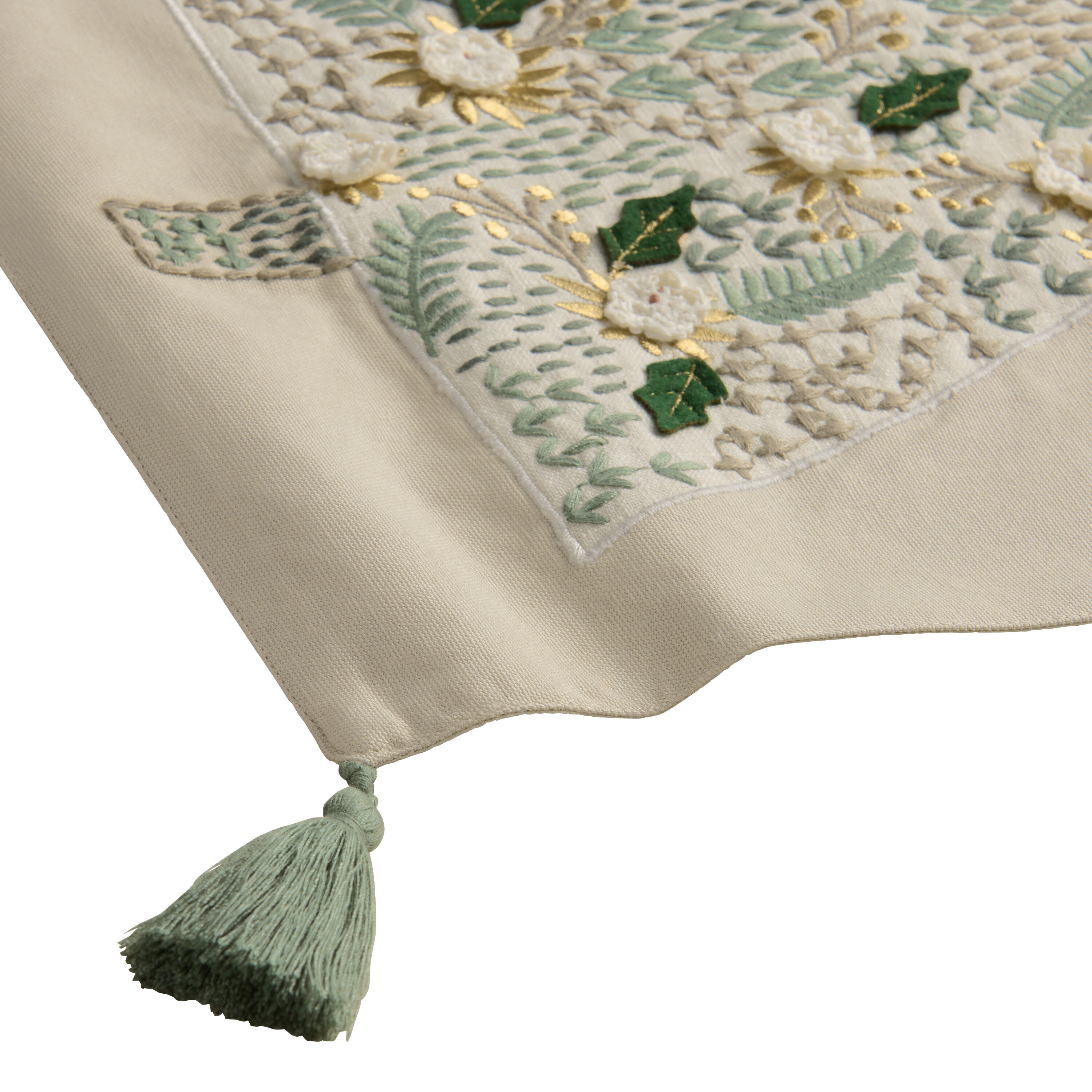 Ivory and Green Christmas Tree Embroidered Table Runner image number 1
