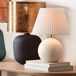Round White Stone Table Lamp with Pleated Shade