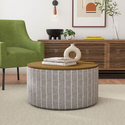 Grant Round Wood Top Pinstripe Upholstered Storage Ottoman