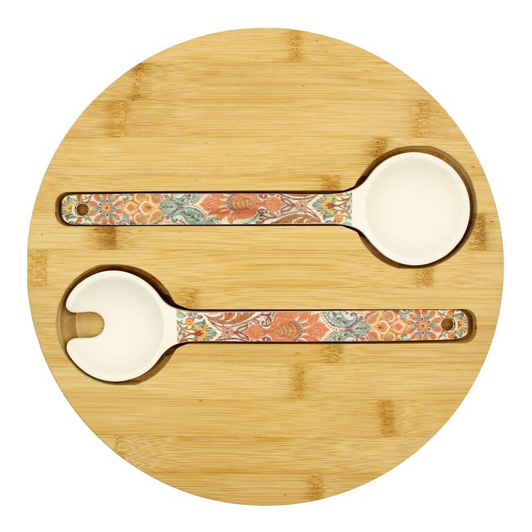 Paisley Bamboo Fiber Serving Bowl and Salad Servers Set image number 3