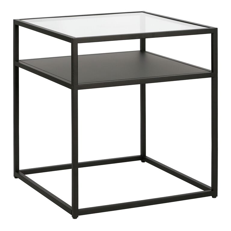 Gia Square Black Metal Glass Top End Table with Shelf image number 1