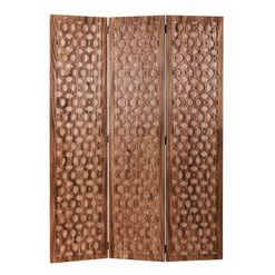 Brown Carved Wood Geo 3 Panel Folding Screen