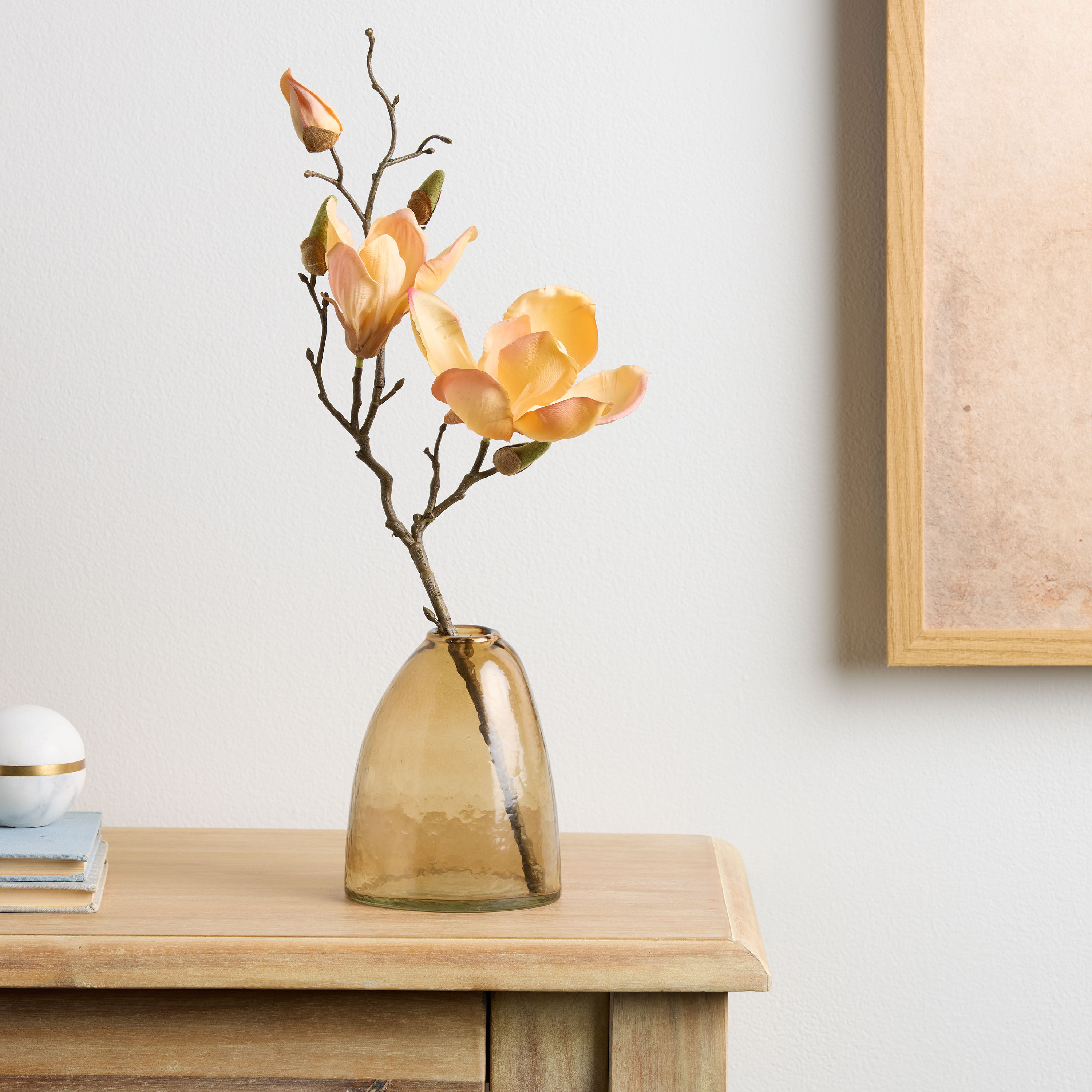 Apricot Faux Magnolia Spray with Brown Glass Vase image number 0