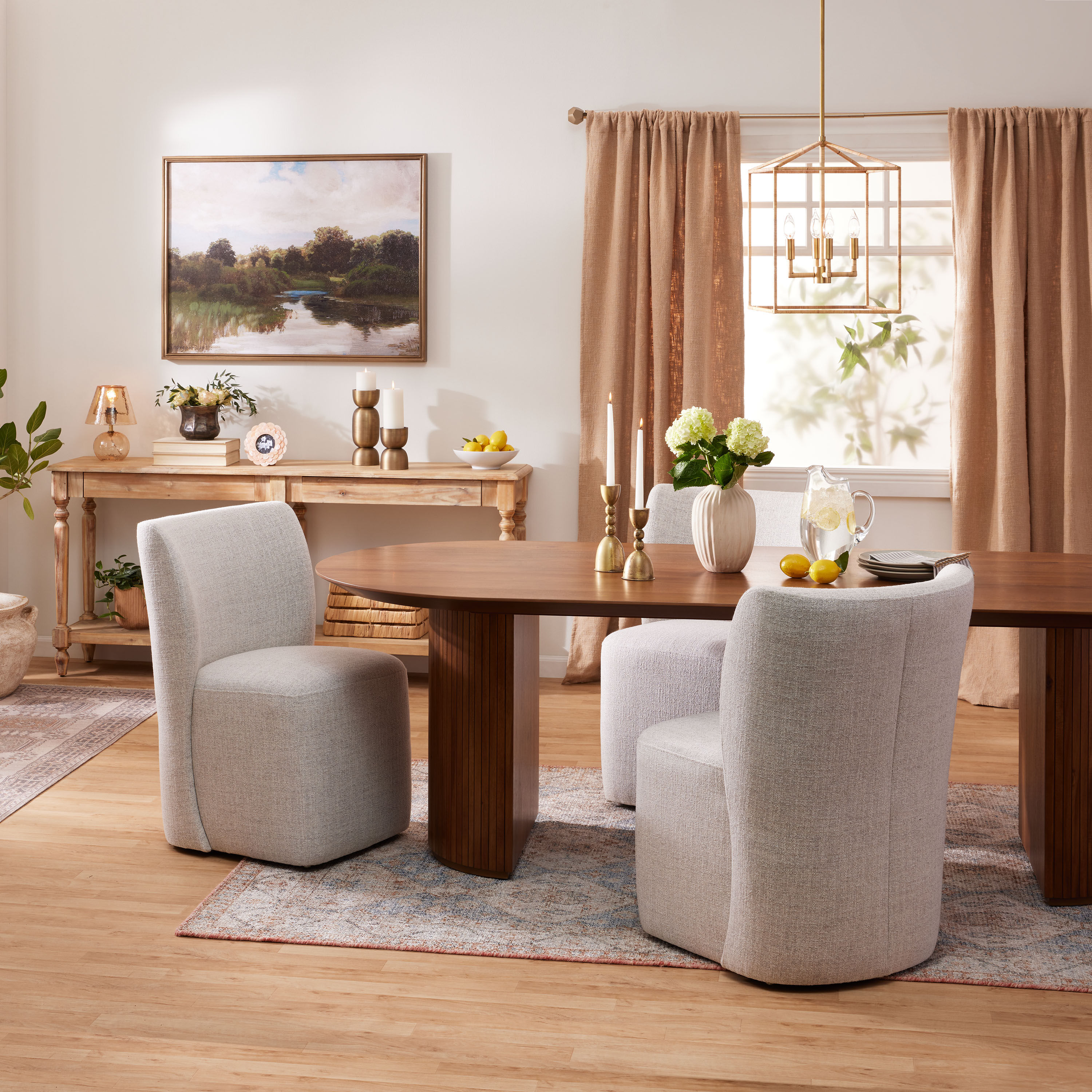 Russo Extra Long Table and Saxon Rolling Chair Dining Collection