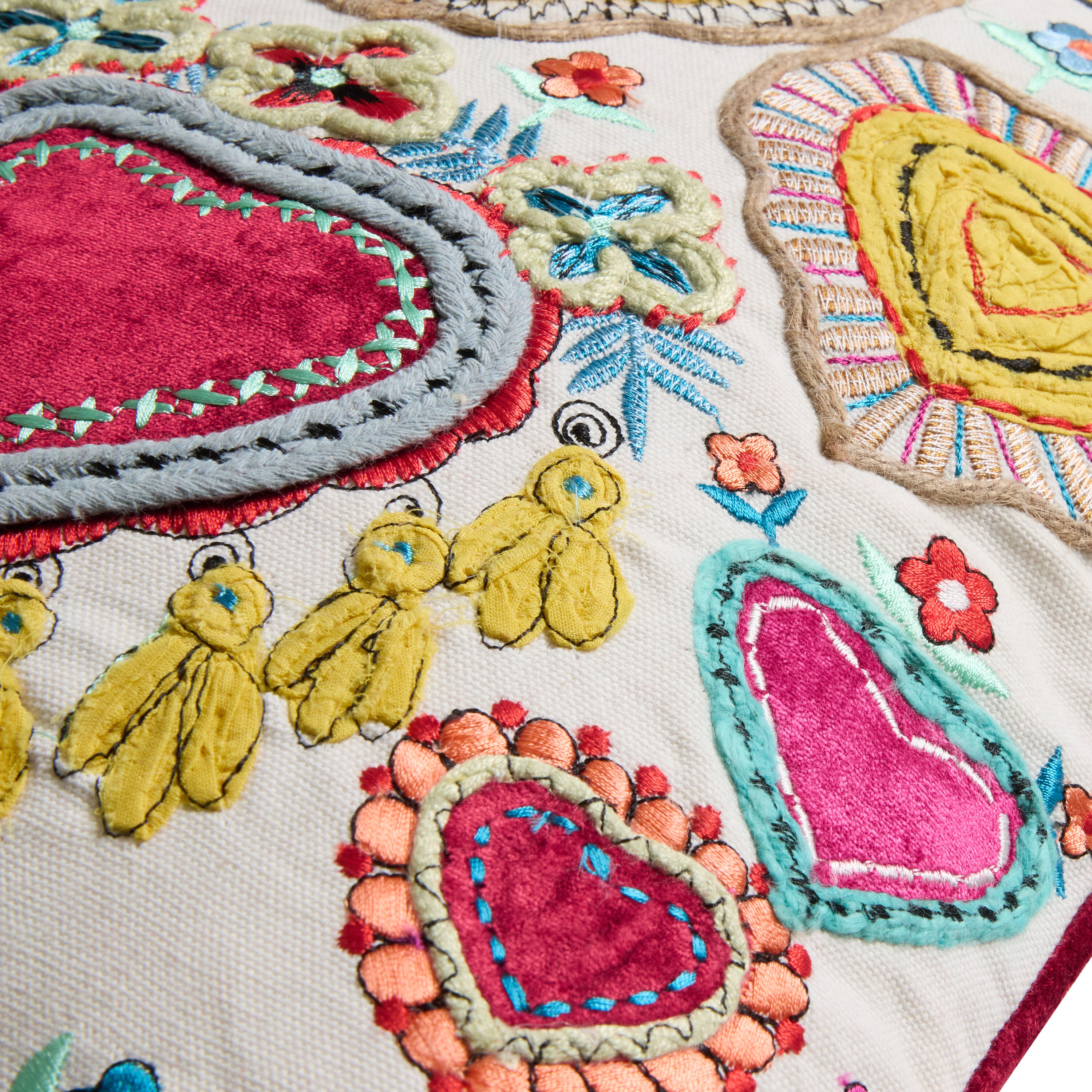 Red and Ivory Embroidered Hearts Throw Pillow image number 2