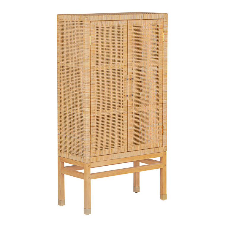 Emilion Tall Mahogany Wood and Rattan Cane Storage Cabinet image number 1